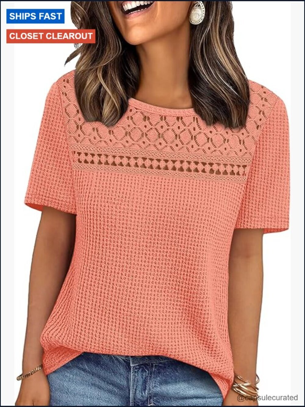 Women's Boho Crochet Lace Waffle Knit Blouse Short Sleeve Tee Dressy Casual
